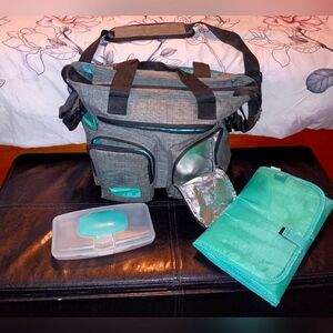 EUC Little Journey Gray and Teal Blue Diaper Bag with Accessories